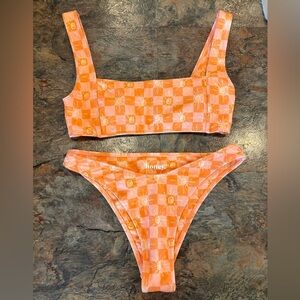Honey Swim orange/yellow checkered pattern sun bikini set medium